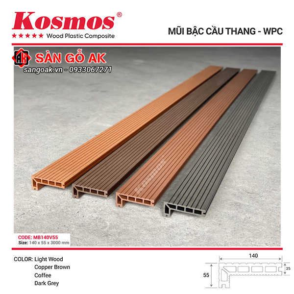 Mũi bậc cầu thang gỗ nhựa Kosmos MB140V55 Light Wood